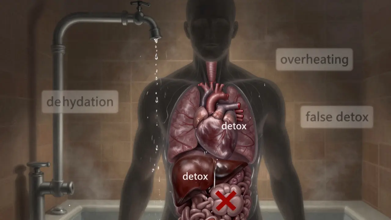 Silhouette inside steam room with internal organs showing dehydration and false detox claims.