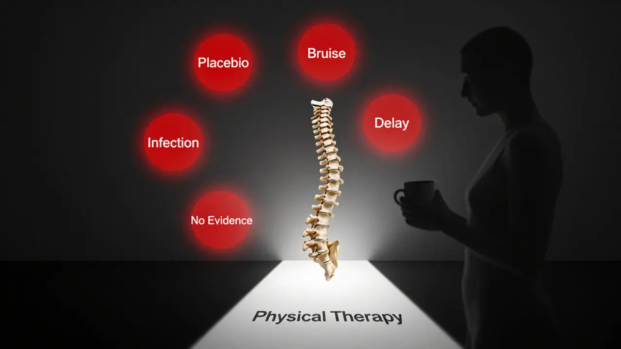 Spine surrounded by floating labels: Placebo, Bruise, Infection, Delay, No Evidence, with path to Physical Therapy in light.