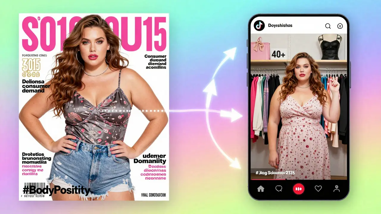 Split digital collage: 2015 magazine cover vs. 2025 TikTok viral moment with inclusive clothing.