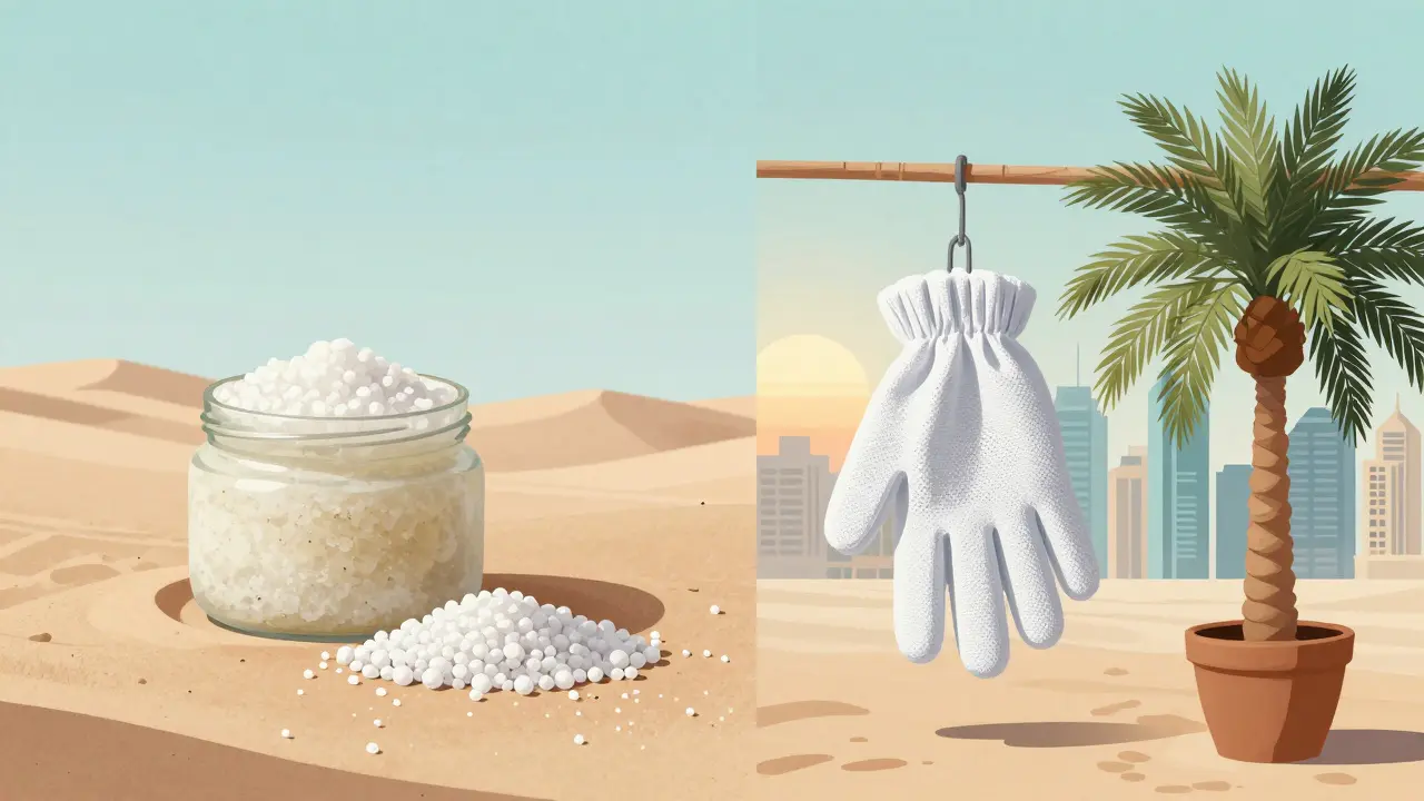 Split image showing body scrub spilling into desert vs. exfoliating glove drying on a hook.