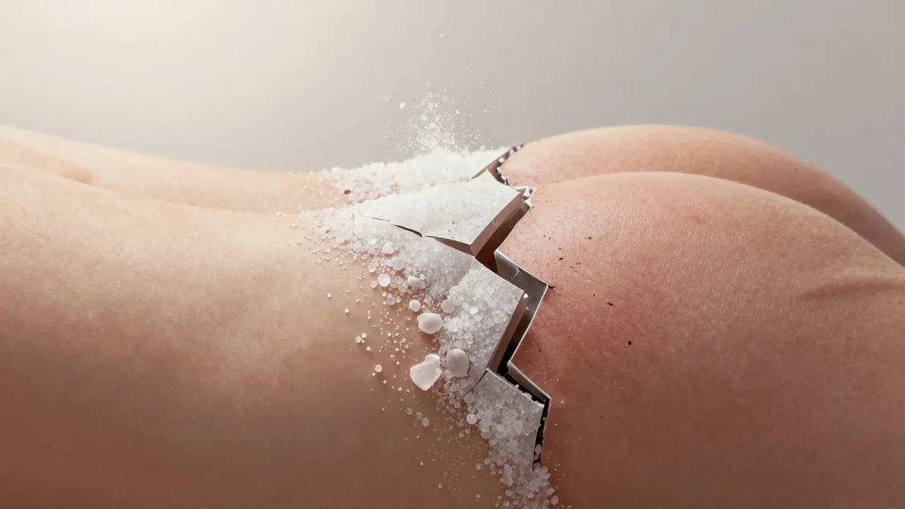 Split image showing gentle sugar exfoliation on one side and harsh salt abrasion on the other.