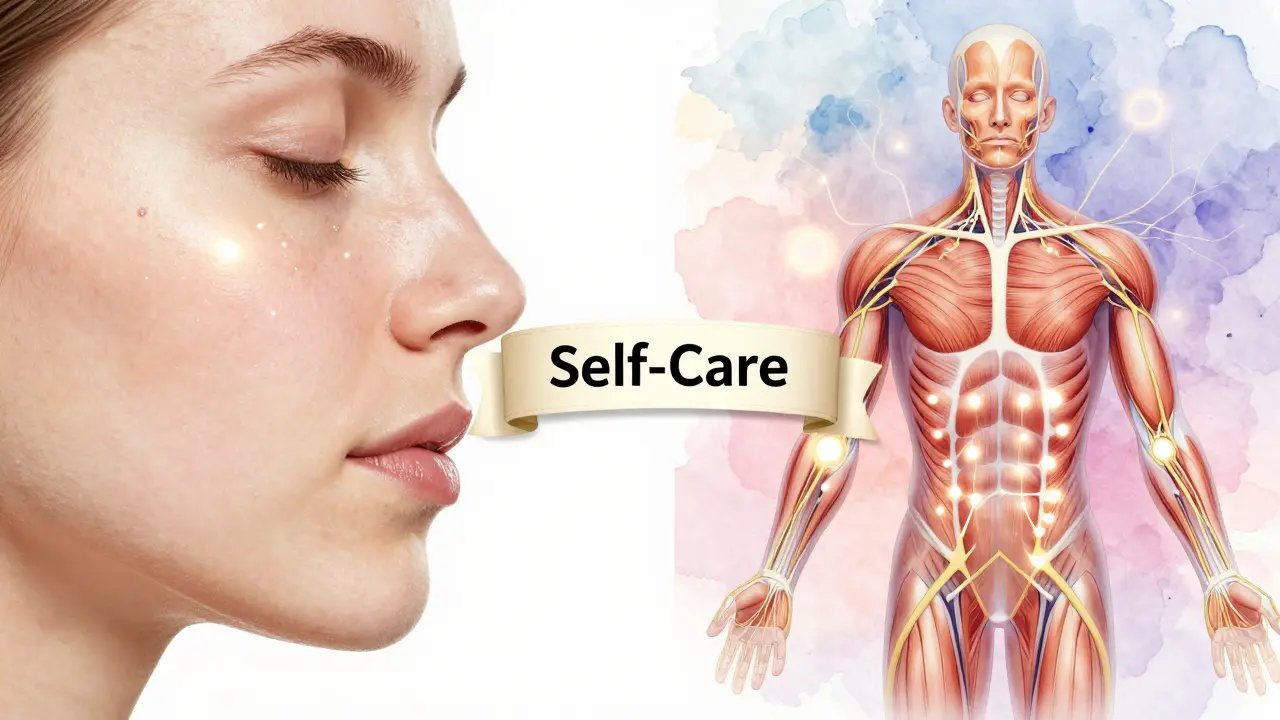 Split image showing glowing smooth skin and glowing neurotransmitters symbolizing relaxation and skin renewal.