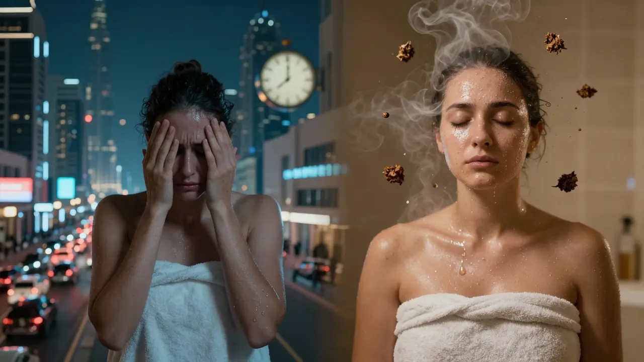 Split image: stressed city dweller on one side, serene, glowing person after hammam on the other, symbolizing detox and calm.