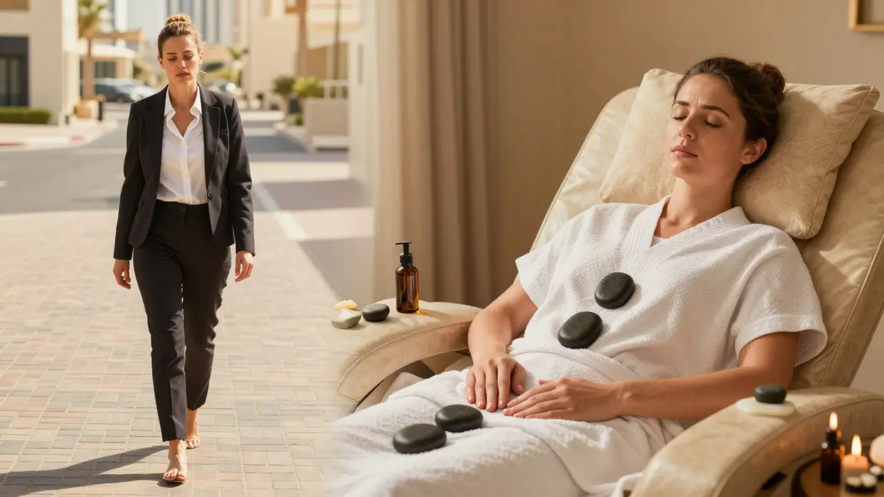 Split image: tired feet on hot pavement vs. relaxed feet being massaged in a spa, showing the contrast between stress and relief.