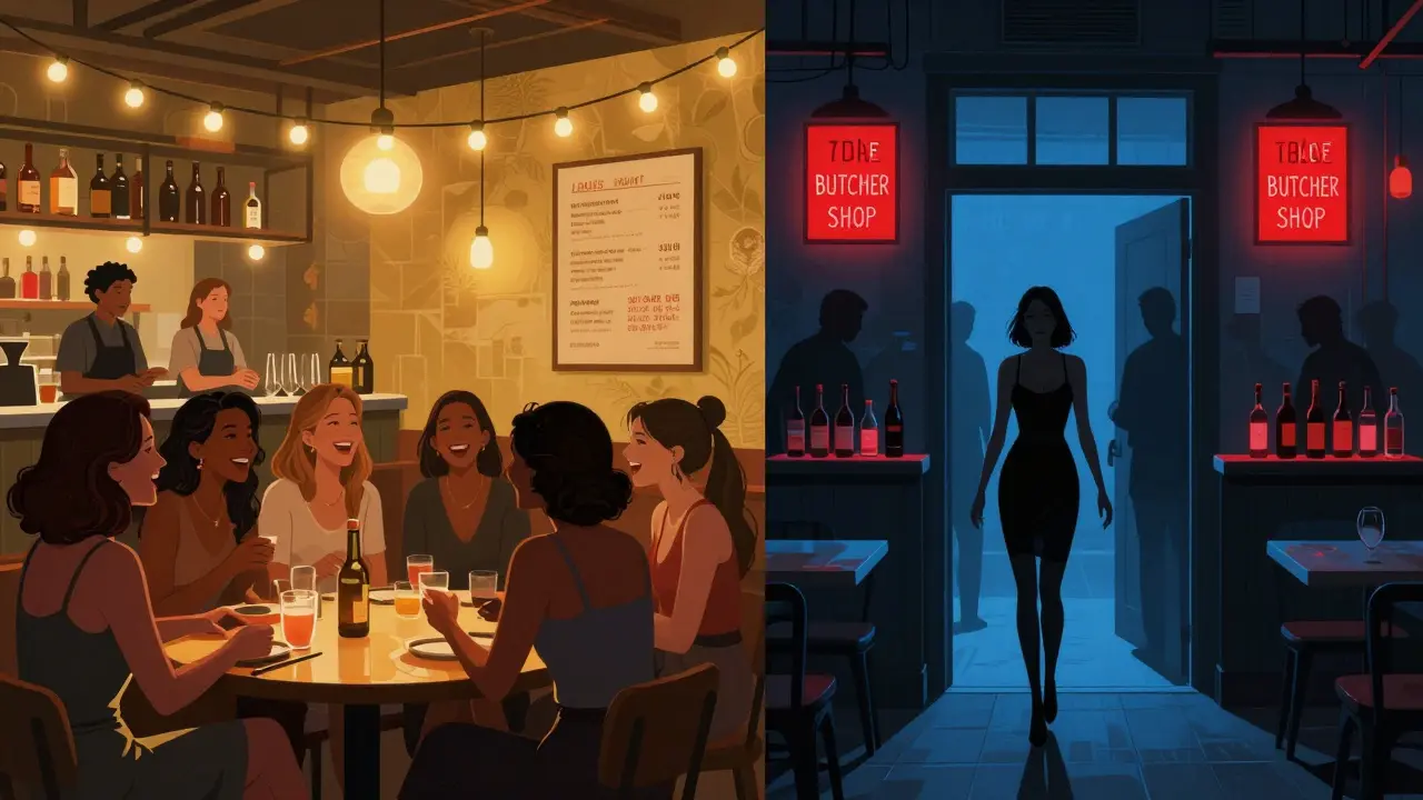 Split scene: joyful women enjoying a genuine ladies night on one side, sinister pressure tactics on the other.