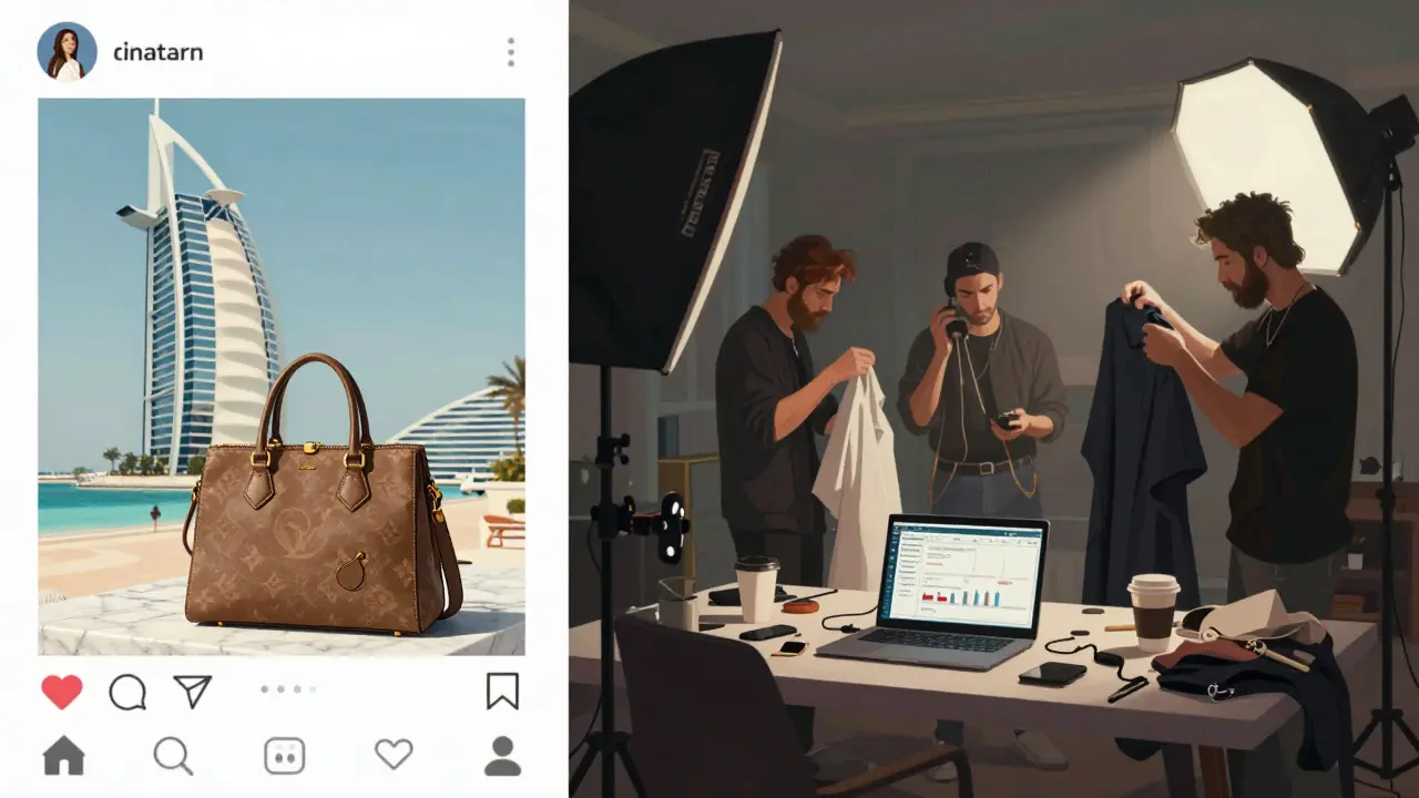 Split-screen: polished Instagram photo vs chaotic behind-the-scenes setup of influencer content creation.