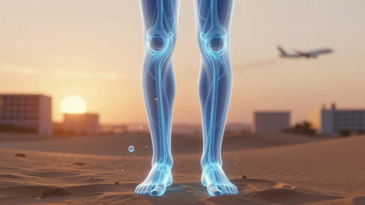 Translucent blue lymphatic pathways glowing as fluid flows upward through the body.