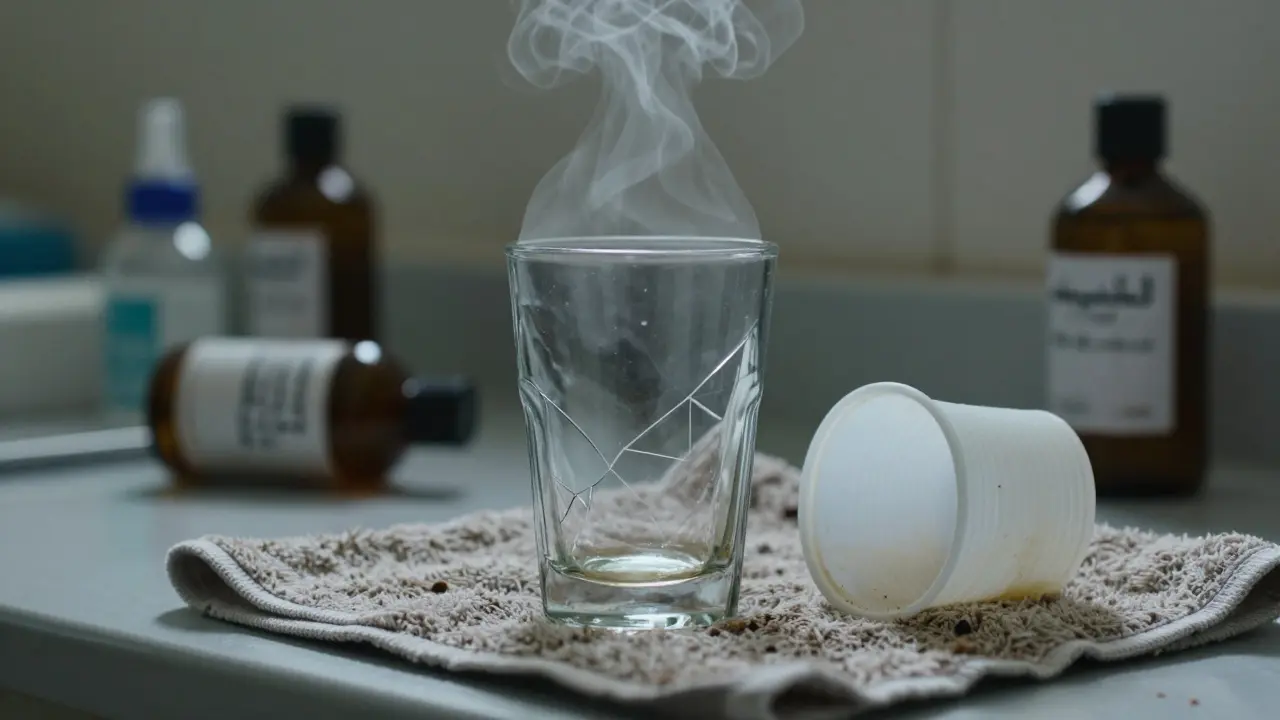 Used glass and silicone cup on dirty towel in dim clinic, residue visible, unhygienic setting.