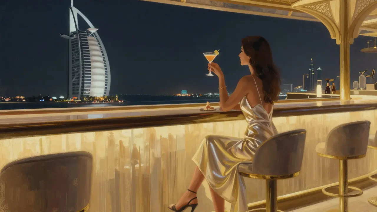 Woman enjoying a cocktail at Skyview Bar with breathtaking Dubai skyline view.