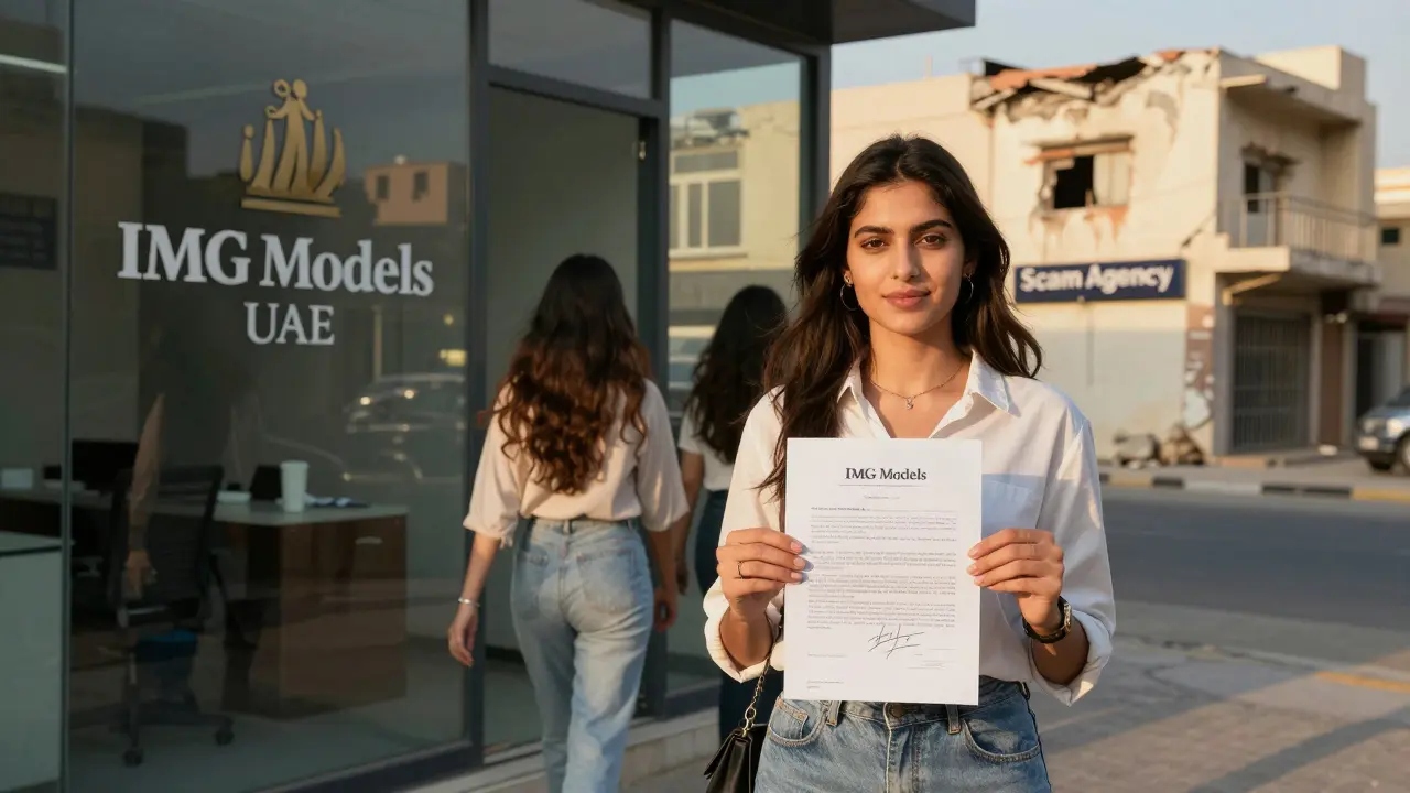 A confident model stands outside a legitimate agency building as others walk away from a scam.
