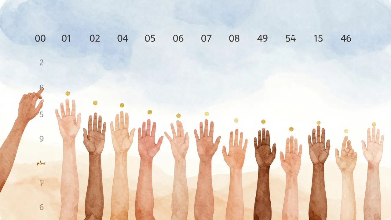 A continuous clothing size range from 00 to 40 with hands of various tones touching different sizes, no 'plus' or 'standard' labels.