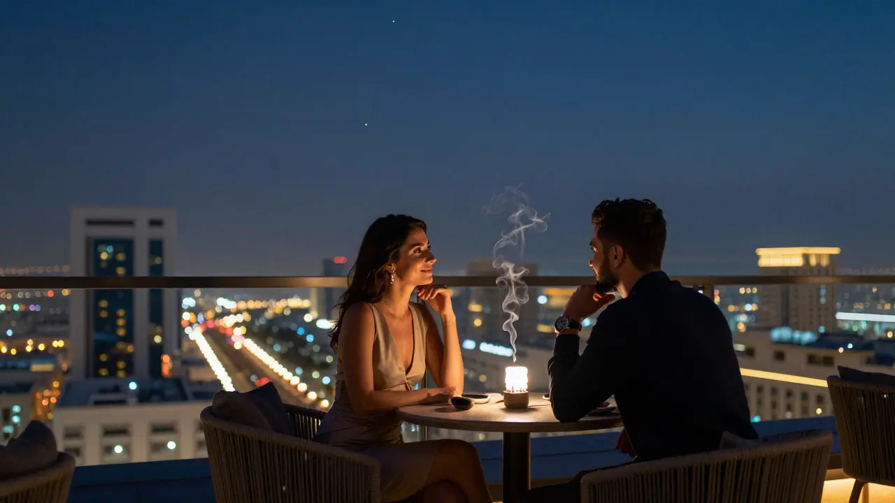 A couple enjoying a quiet rooftop dinner in Dubai under twinkling city lights and a starry sky.