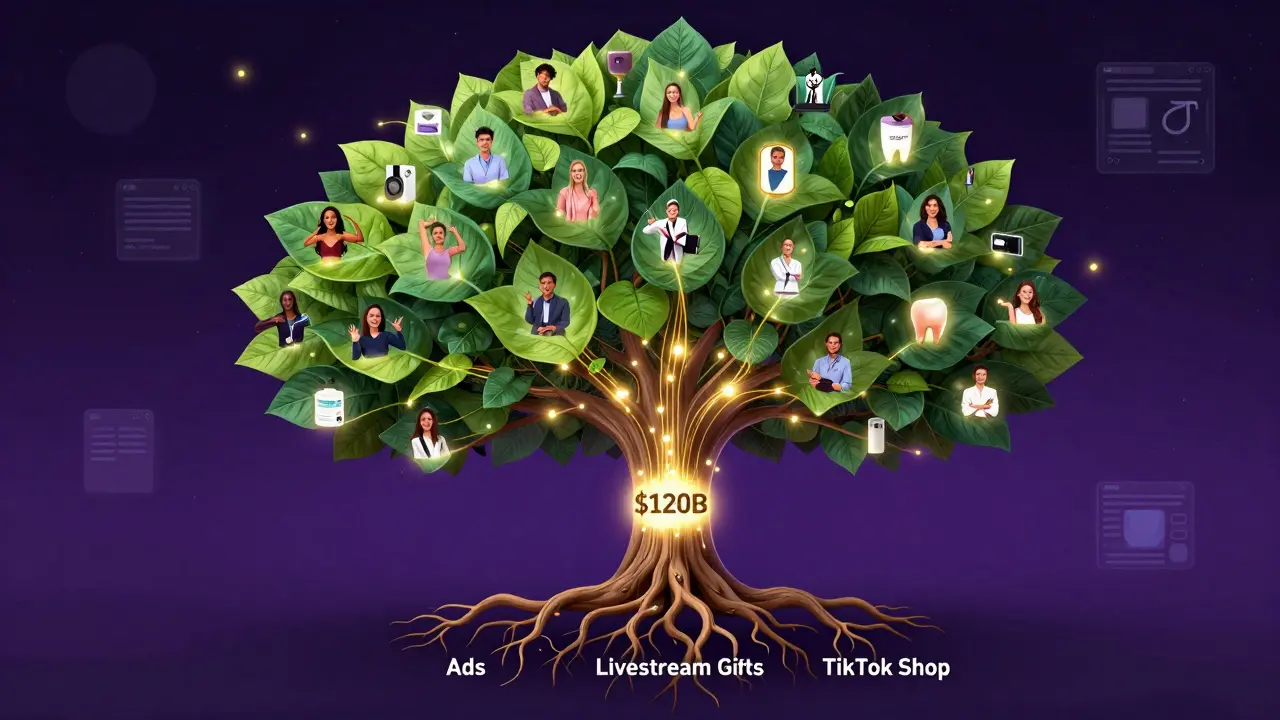 A digital tree with roots labeled Ads, Gifts, and Shop, branching into glowing leaves representing global users and wealth.