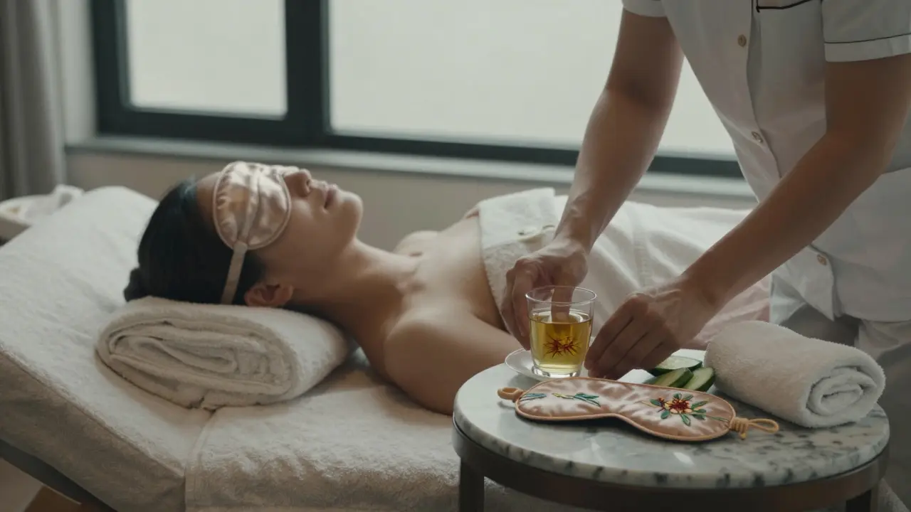 A guest resting after a VIP massage, sipping tea and receiving a small gift of oil and silk eye mask.
