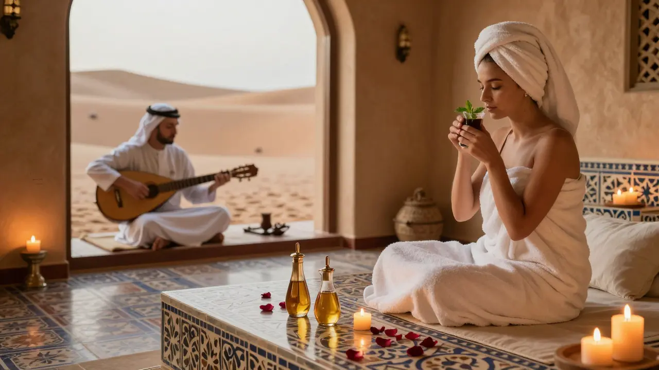 A guest sipping mint tea in a candlelit private hammam suite, surrounded by desert light and luxurious details.