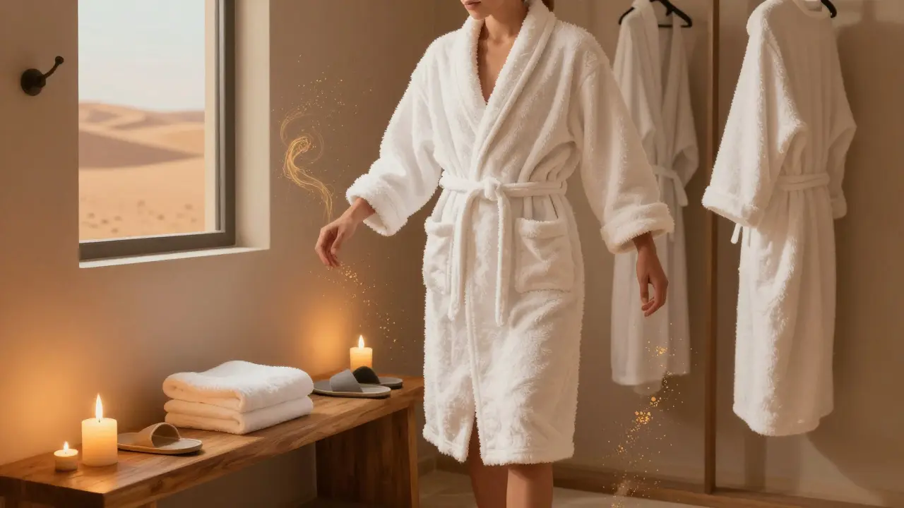 A guest wearing a fluffy white spa robe in a private changing suite with candlelight and desert views.