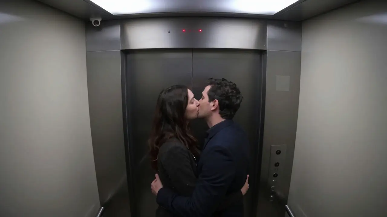 A hotel elevator with a couple kissing, another guest exiting with a surprised look, surveillance camera perspective.