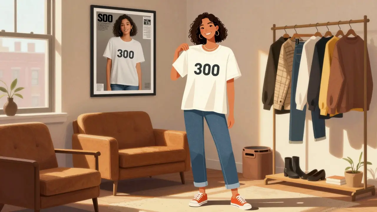 A model in casual clothes smiles while holding a top from an editorial shoot, in a sunlit loft filled with vintage furniture and hanging garments.