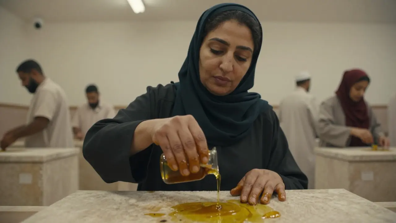 A Moroccan woman's hands pouring argan oil in a Dubai hammam, surrounded by quiet, uniformed coworkers.