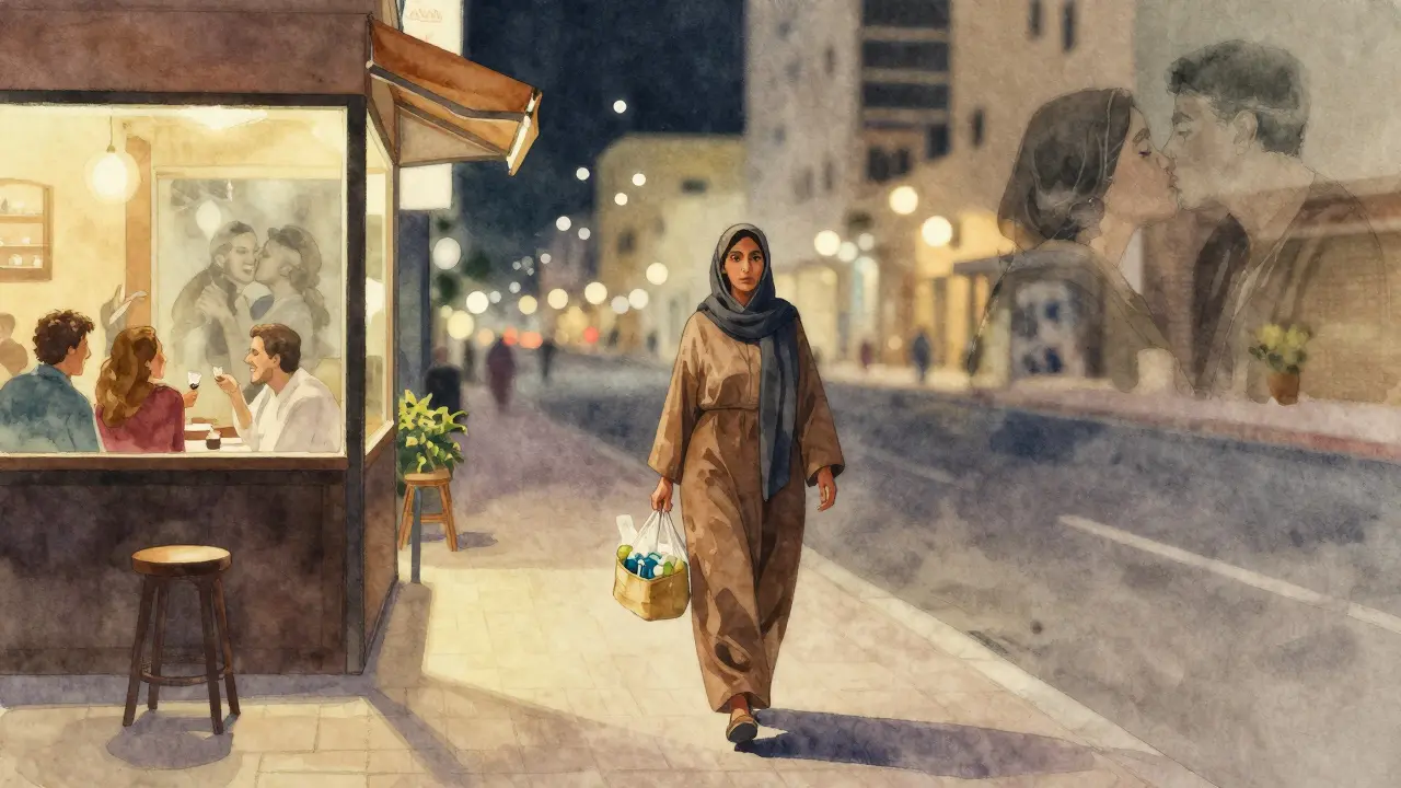 A Moroccan worker walks alone at night in Dubai, passing a café where others laugh, symbolizing unseen boundaries.