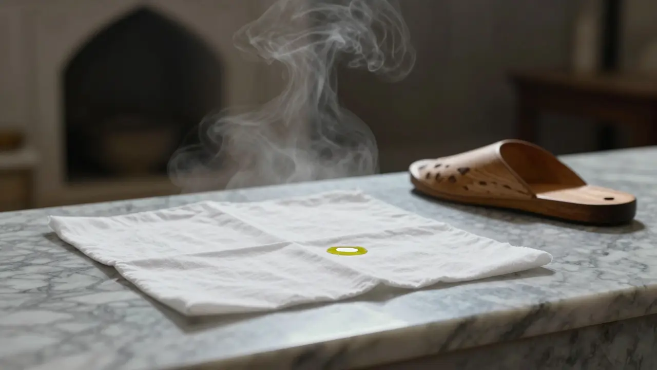 A pristine white pestemal and wooden slippers resting on marble, with steam rising nearby, symbolizing the hammam ritual.