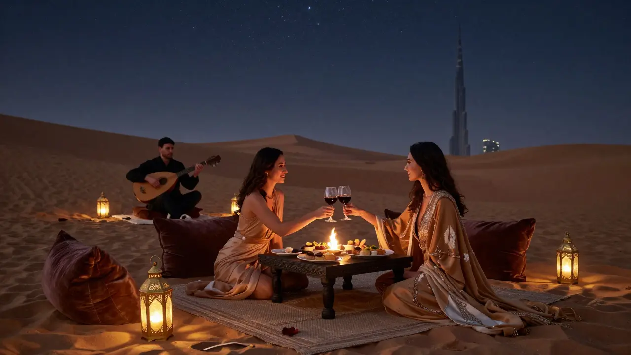 A romantic desert picnic at night with lanterns, velvet cushions, and a view of Dubai’s distant skyline.