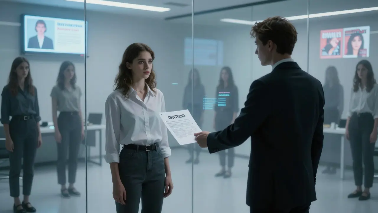 A shadowy agent offers a contract as the model's image is copied across digital ads.