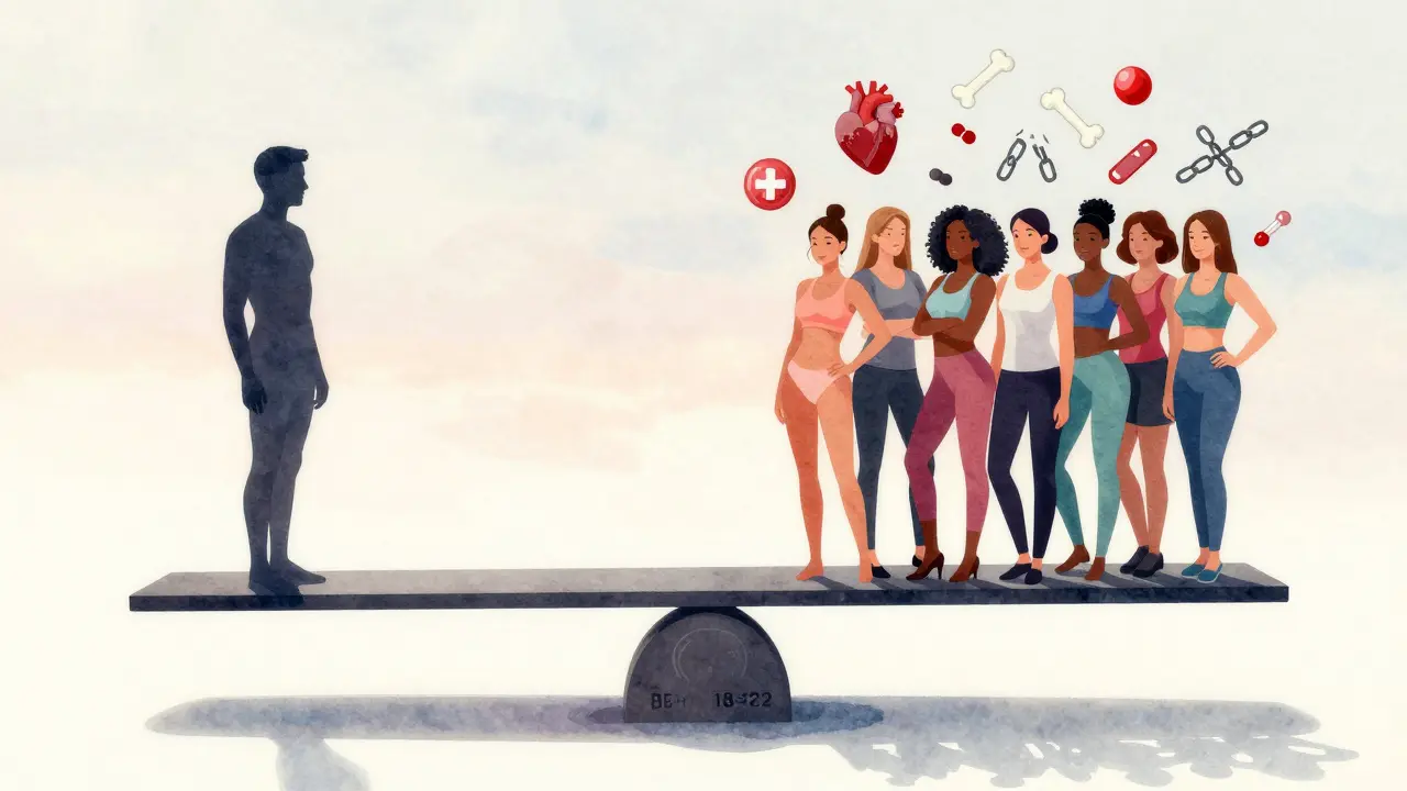 A symbolic scale balancing an underweight silhouette against diverse healthy bodies, with medical icons and broken chains, symbolizing change in modeling norms.