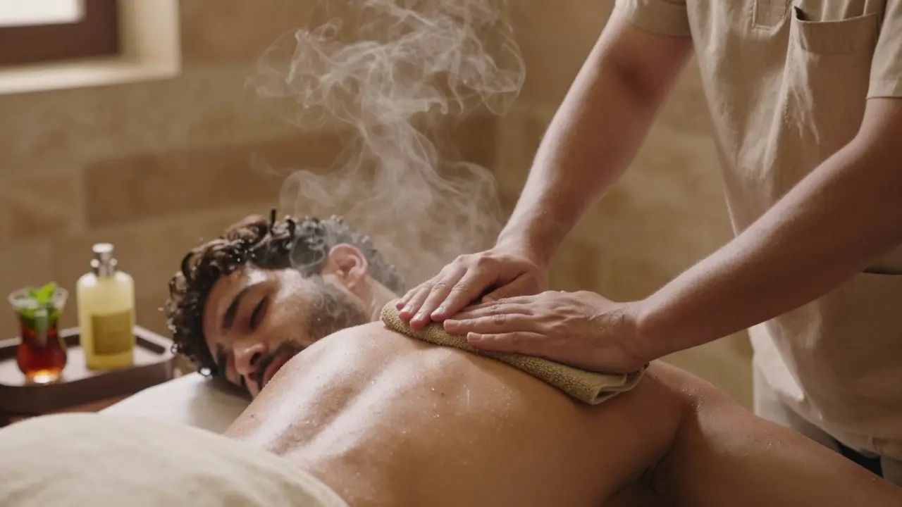 A therapist gently scrubbing a client's back with a kessa glove in a humid hammam room, steam swirling around them.