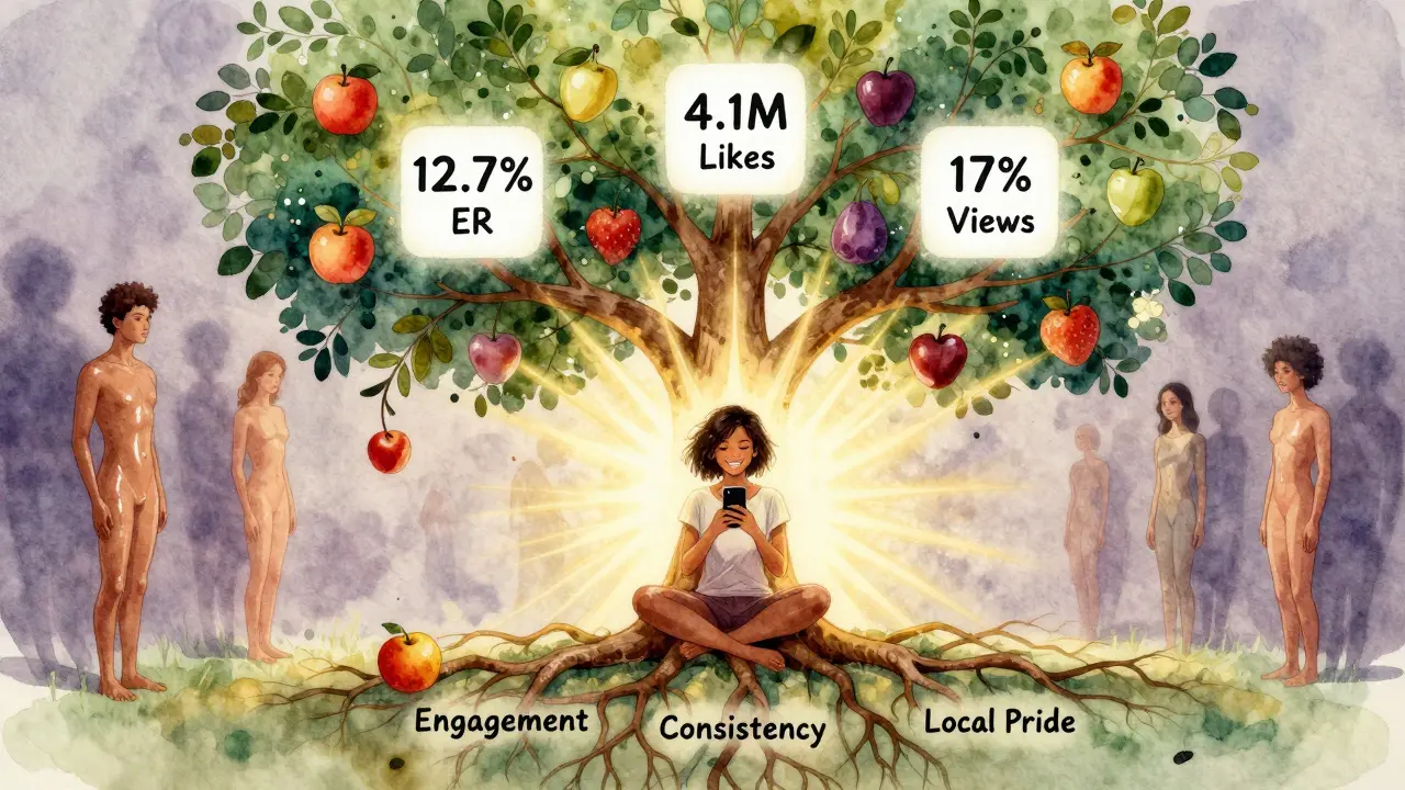 A watercolor tree with roots of engagement and branches bearing viral success, centered on Amara Nia radiating authentic influence.