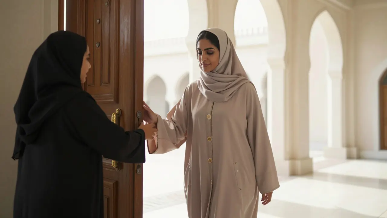 A woman accepting a free abaya at a mosque entrance in Dubai, bathed in soft morning light.