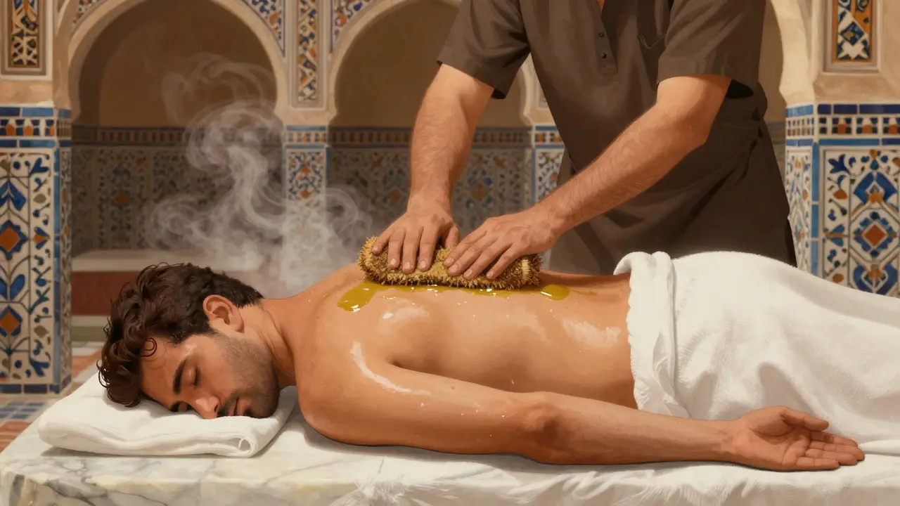 An attendant scrubbing a man's back with a kese mitt on a heated marble slab in a traditional hammam.
