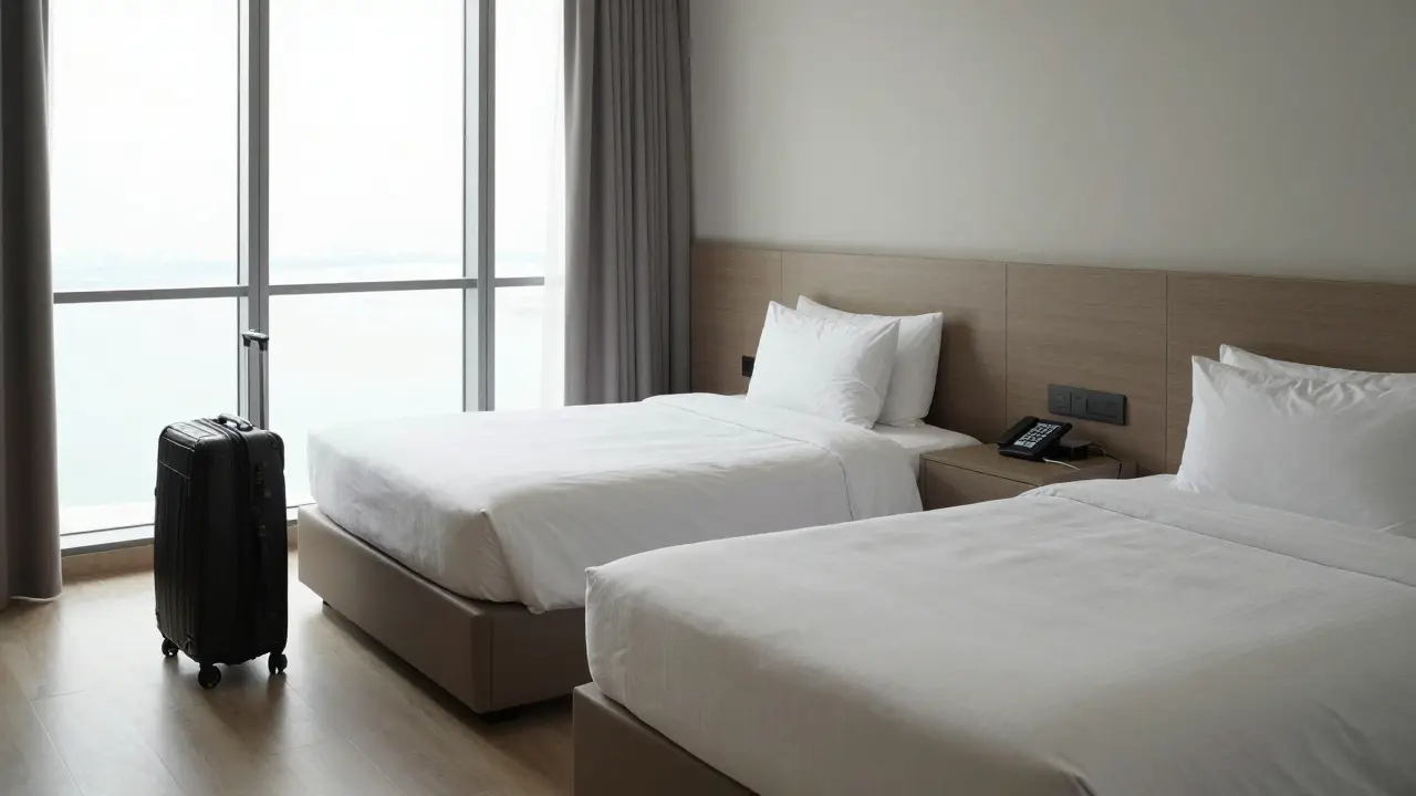 An empty hotel room with two separate beds, reflecting the legal boundaries for unmarried couples.