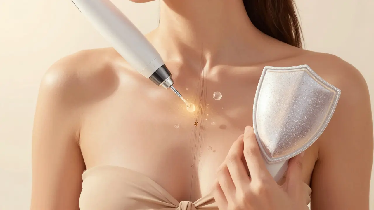 Artistic depiction of laser treatment and skincare elements working together to create flawless skin for a photoshoot.