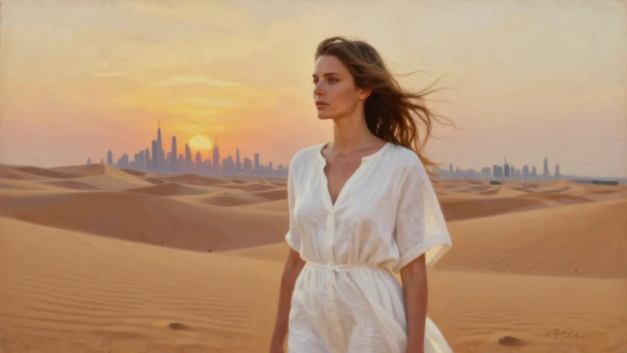 Barbara Palvin standing on desert dunes at sunset, wearing a white dress with visible freckles and wind-swept hair.