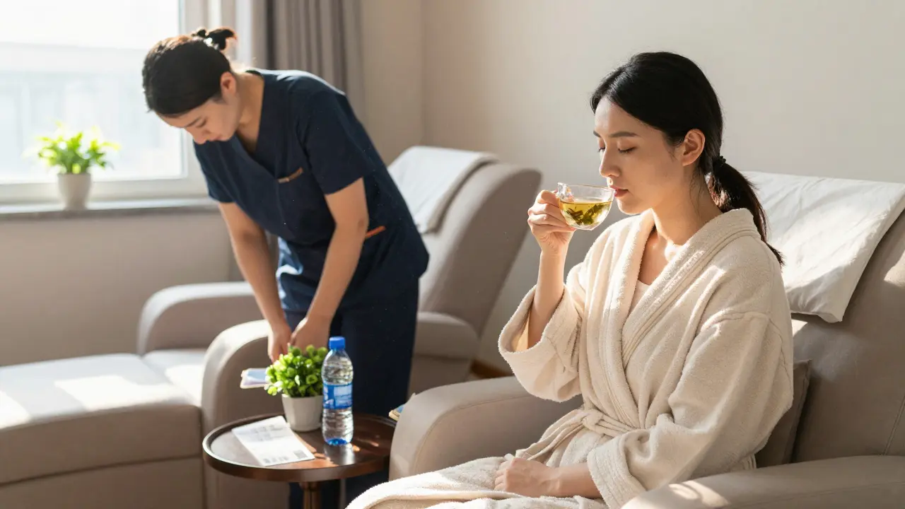 Client relaxes in lounge after massage, sipping tea, therapist departing respectfully — serene, dignified atmosphere.