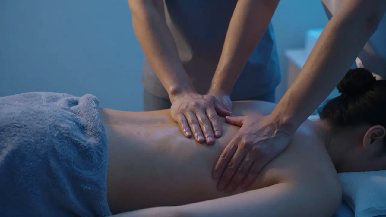 Client stopping therapist's hand during massage, maintaining professional boundaries.