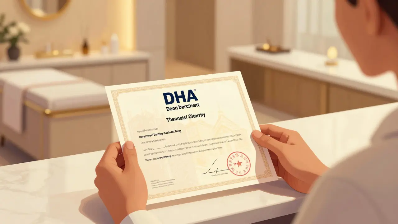 Close-up of DHA license certificate held by client at spa reception.