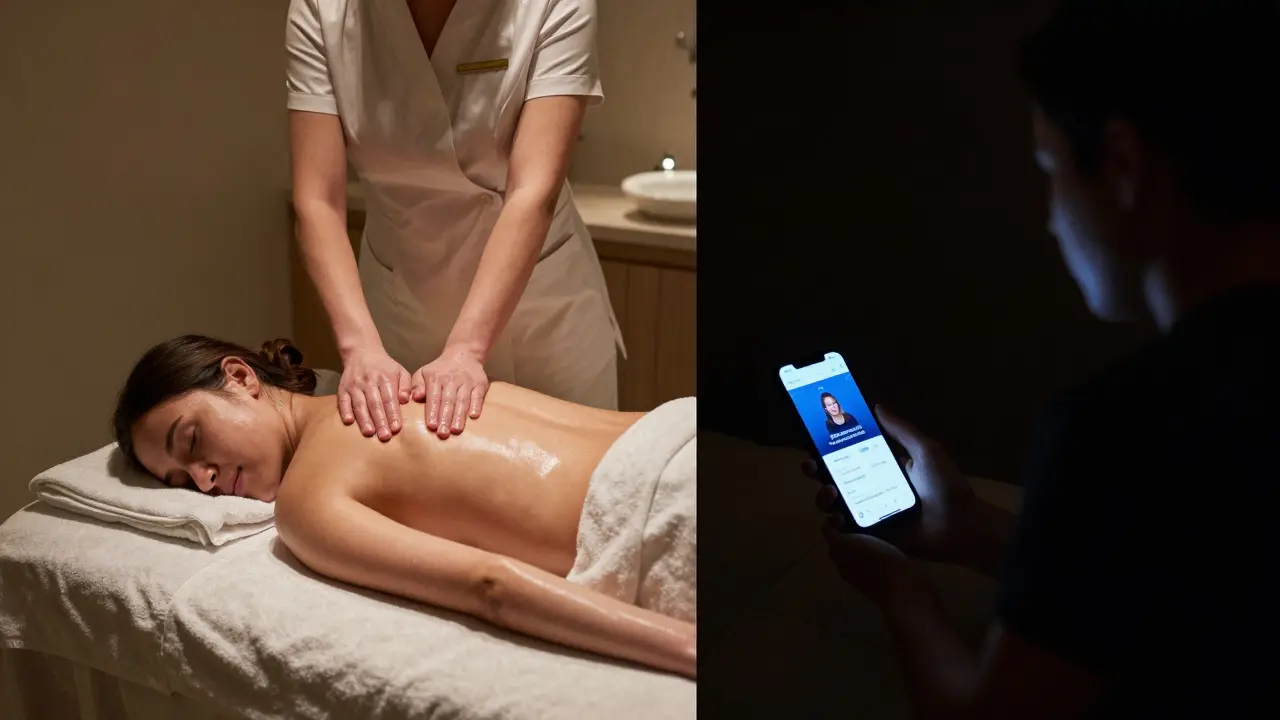 Contrasting scene: peaceful licensed massage in Dubai spa versus shadowy unlicensed offer, highlighting safety and risk.