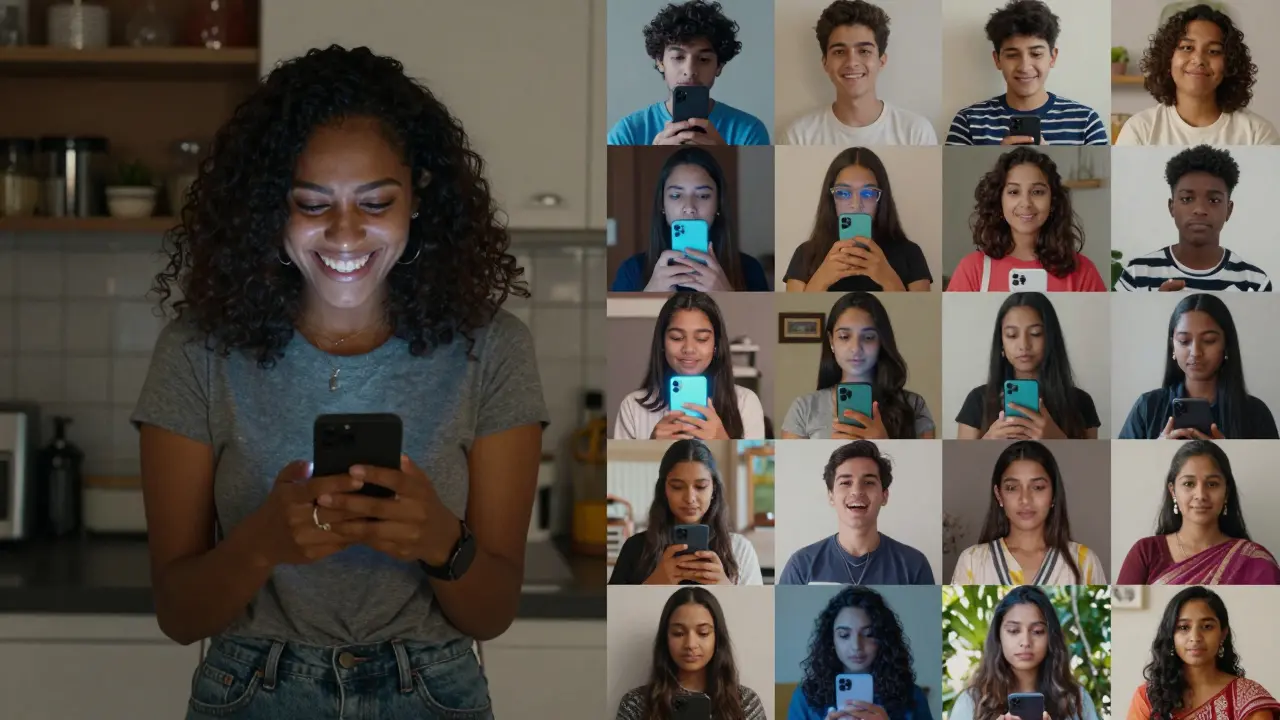 Diverse people around the world watching Amara Nia's authentic Instagram post on their phones, connected by shared emotion.