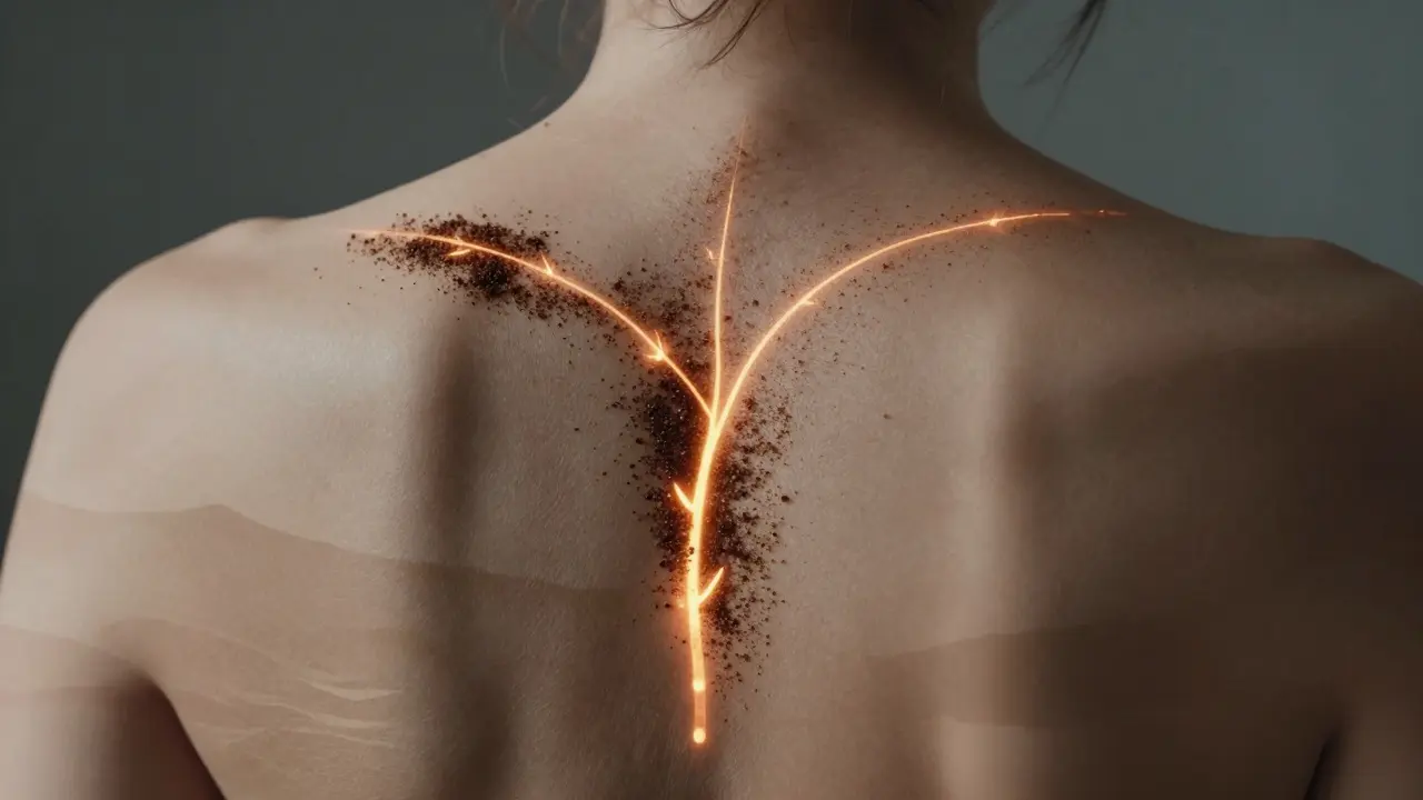 Human back with glowing pathways from coffee scrub penetrating skin, subtle desert motif in texture.