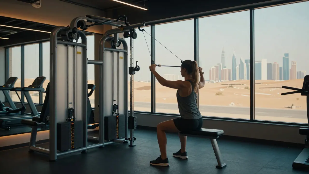 Model training in Dubai gym with desert view outside, air-conditioned interior
