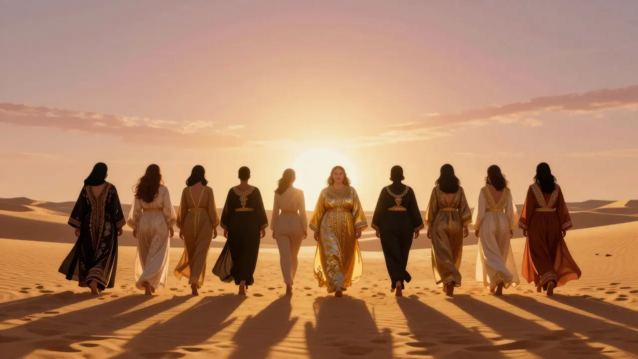 Silhouettes of diverse plus size models walking a golden runway across the Dubai desert under a twilight sky.