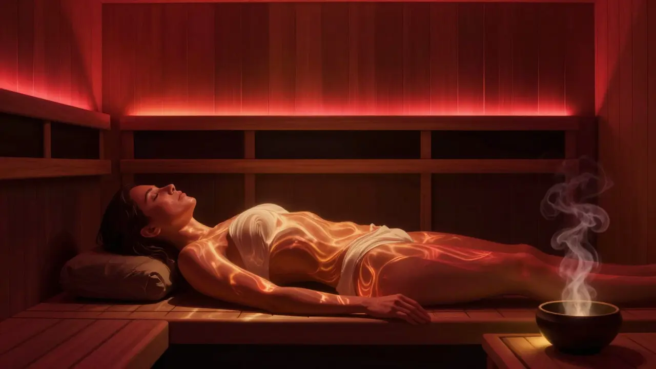 Someone in an infrared sauna bathed in warm red light, with soft chromotherapy colors glowing around them.