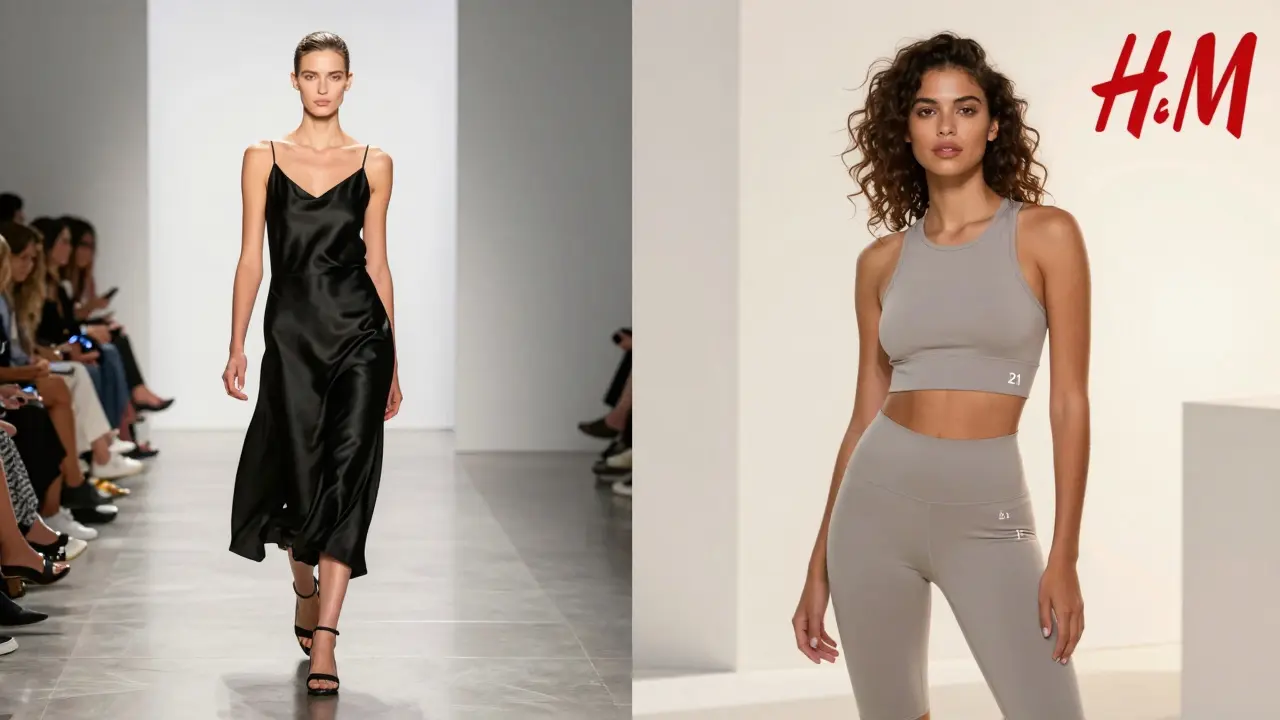 Split image contrasting a traditional thin runway model with a curvy commercial model, representing shifting fashion industry standards.