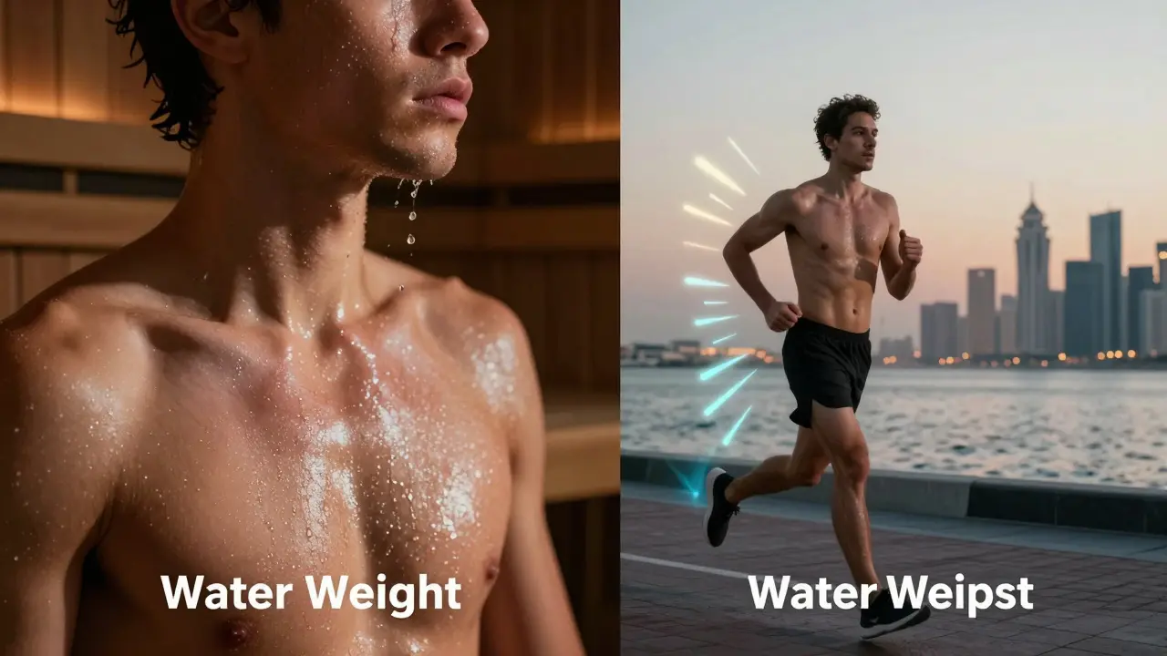 Split image: one side shows sweat from a sauna, the other shows a runner at dawn with energy pulses symbolizing fat burn.