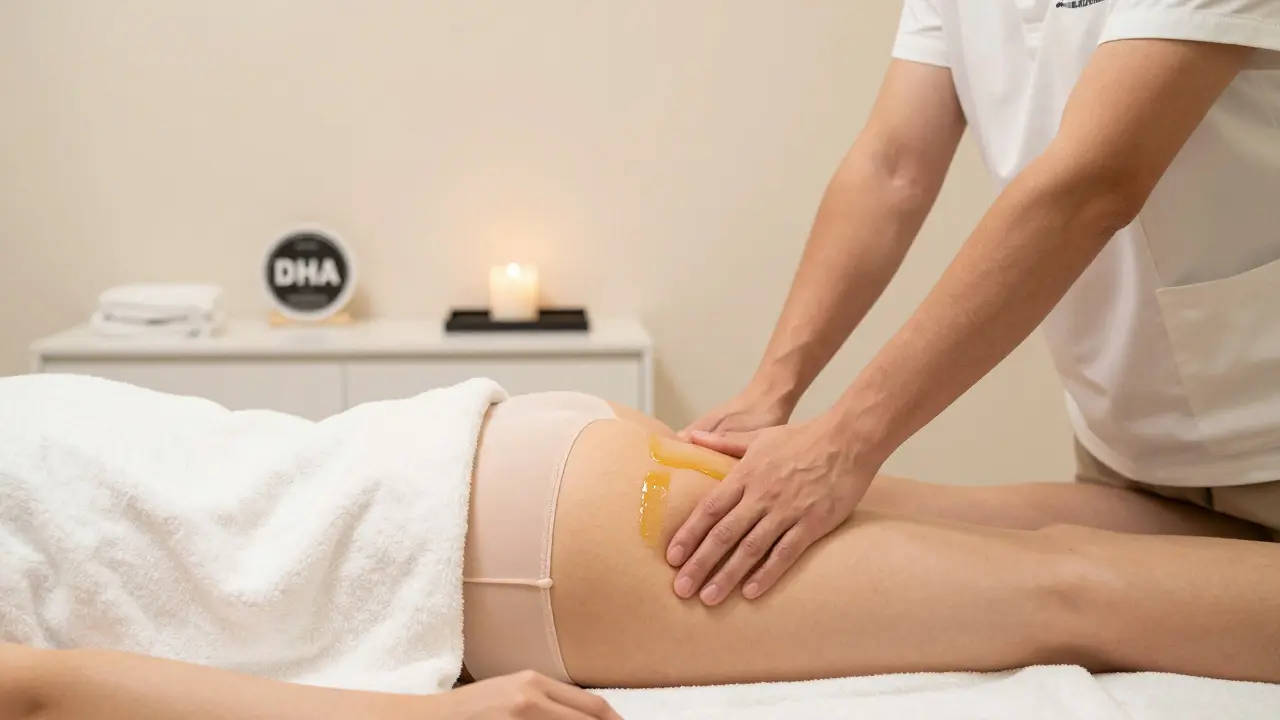 Therapist uses thigh to deliver deep tissue massage over towel-draped client, clean clinical room with DHA certification visible.