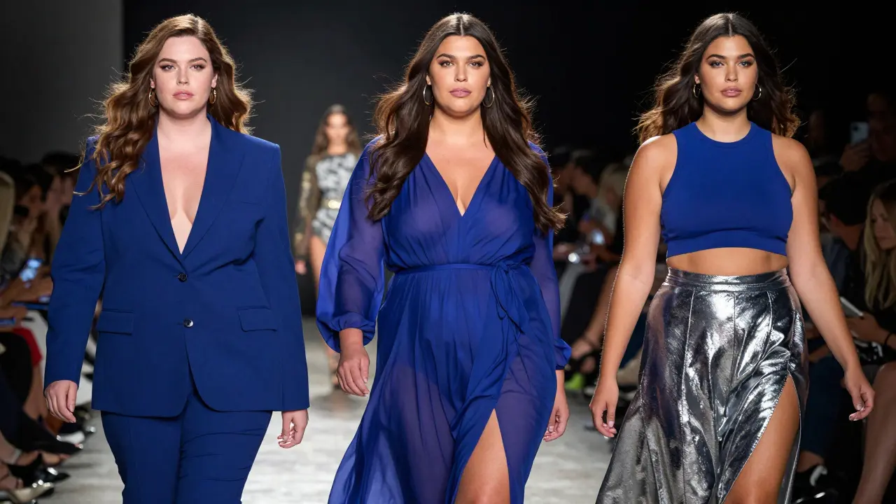 Three prominent plus-size models walking a runway in high-fashion outfits under a spotlight, audience blurred behind them.