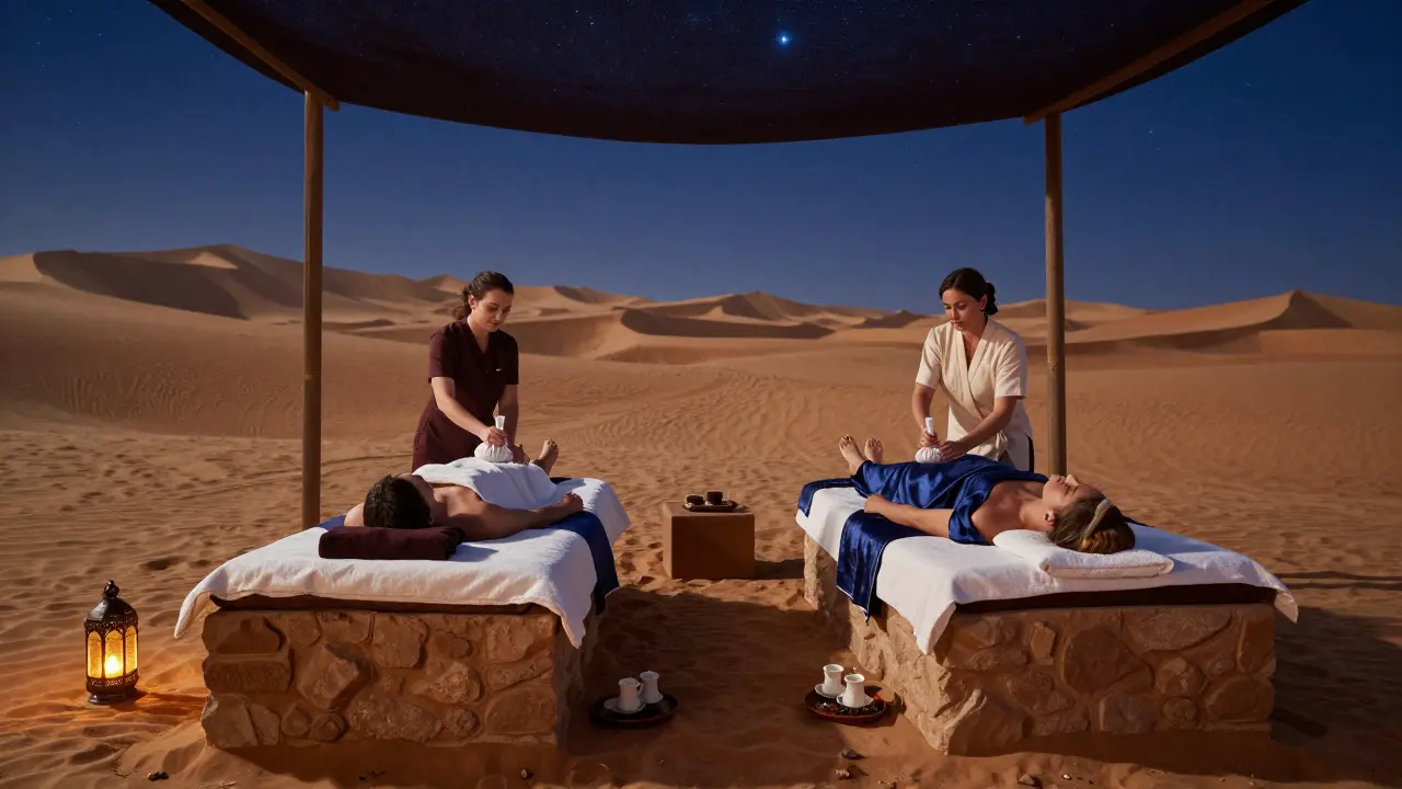 Two people receiving simultaneous VIP massages under desert stars with herbal compresses and lantern glow.