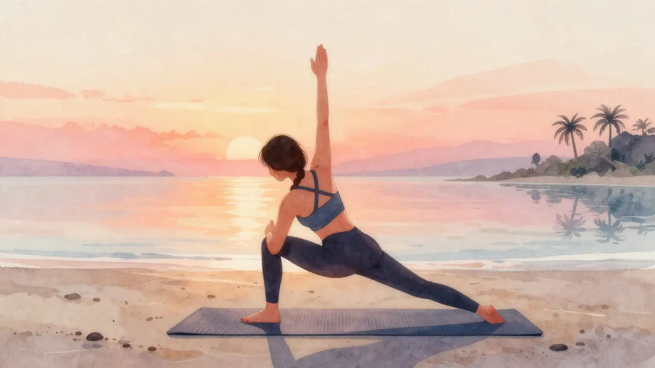 Yoga on beach at dawn, pastel sky and calm water reflection